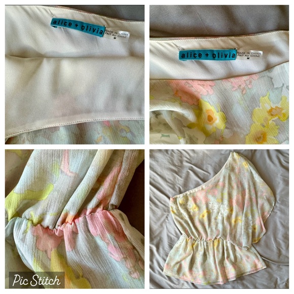 ALICE + OLIVIA one Shoulder Asymmetric Floral Blouse M 6 8 Tank Top 70s fairy - Picture 7 of 9